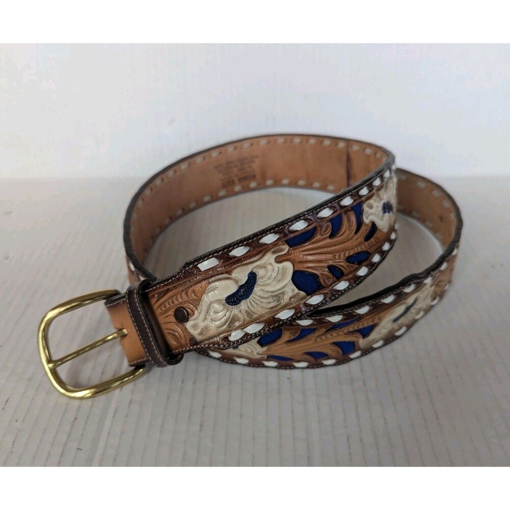 Tony Lama Leather Tooled Belt Judy Women's S-M  With Blue Inlay 37" USA